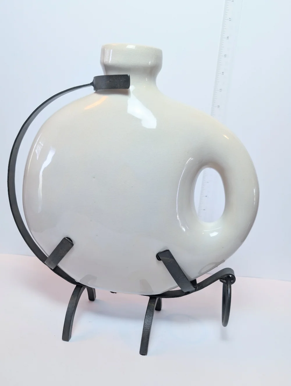 Vintage Minimalist Round Ceramic Flask Vase in Cream‎ Mid-century Modern Iron